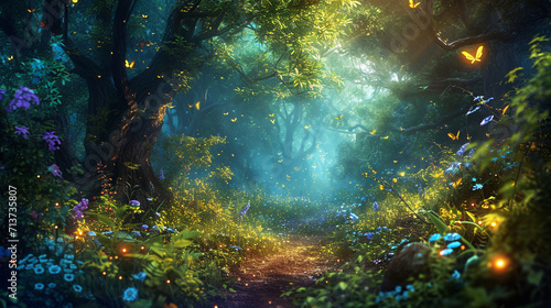 Enchanted forest with whimsical creatures, sparkling fireflies, and vibrant flora, creating a magical and whimsical scene, whimsical, enchanted forest, hd, with copy space