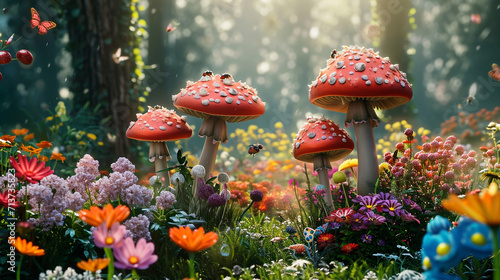 Whimsical garden filled with oversized flowers, talking mushrooms, and quirky insects, creating a playful and imaginative outdoor scene, whimsical, garden fantasy, hd, with copy sp