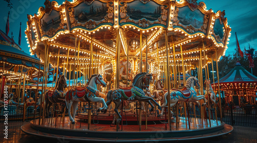 Whimsical carousel with intricately designed animals and glowing lights, capturing the nostalgic charm of a fairytale carnival, whimsical, carousel, hd, with copy space