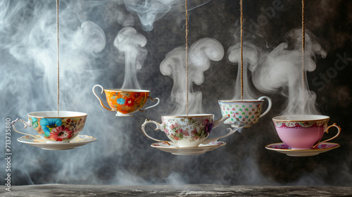 Teacups and saucers suspended in mid-air with whimsical trails of steam, bringing a touch of fantasy to a classic tea time setting, whimsical, tea party, hd, with copy space photo