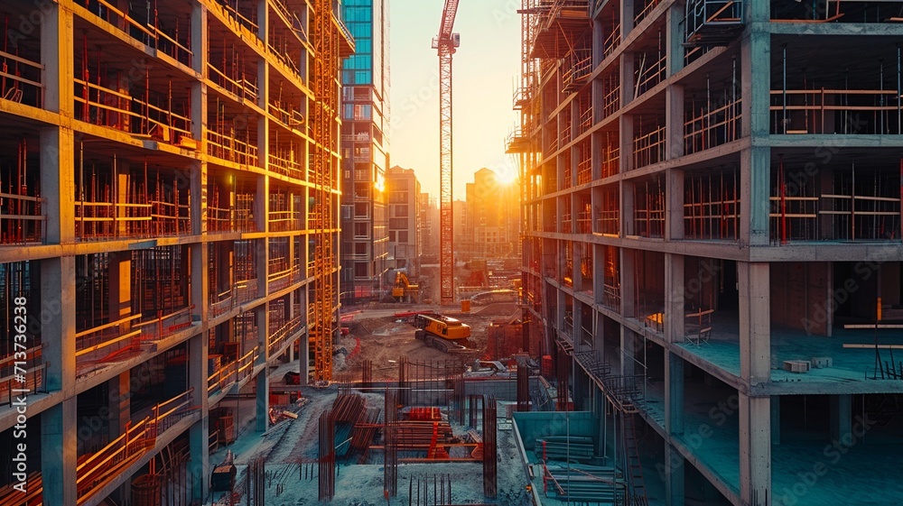 modern concrete and steel building construction site in morning,generative ai