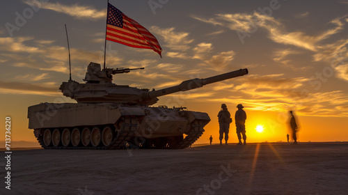 Soldiers and tanks with USA flags on Memorial Day or other events. photo