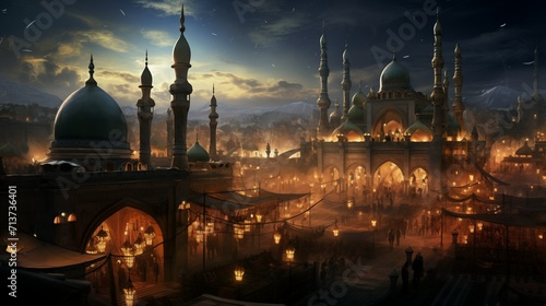 Ramadan Kareem background with mosque and people. Ramadan Kareem background