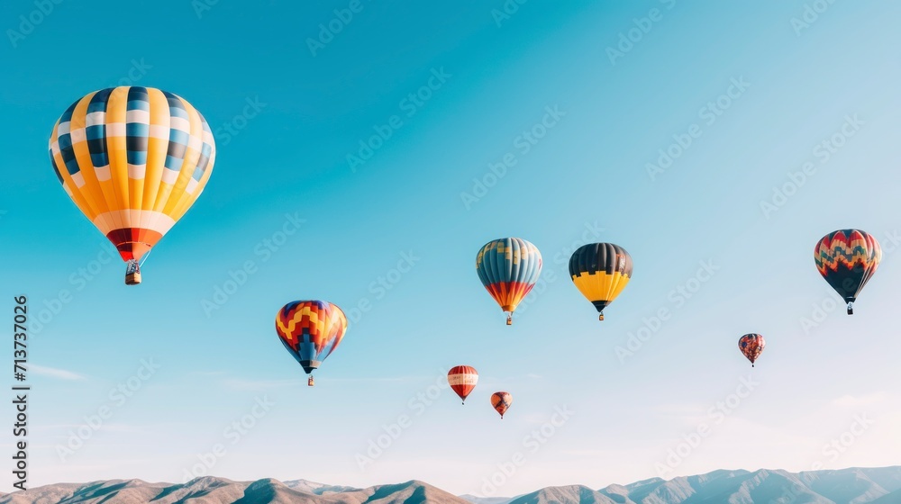 Fototapeta premium Hot air balloons flying over mountain at sunrise