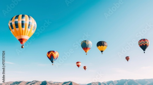 Hot air balloons flying over mountain at sunrise © Voilla