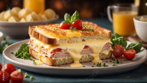 Italian sandwiches with layers of cured meats, salty cheese, tomato pesto, and juicy tomatoes on ciabatta bread photo