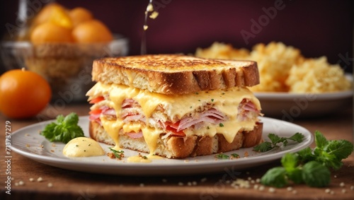 Italian sandwiches with layers of cured meats, salty cheese, tomato pesto, and juicy tomatoes on ciabatta bread photo