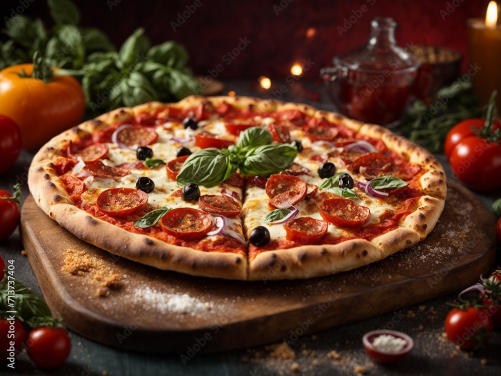 Yummy Italian Naples pizza with studio lighting and background, cinematic food photography 