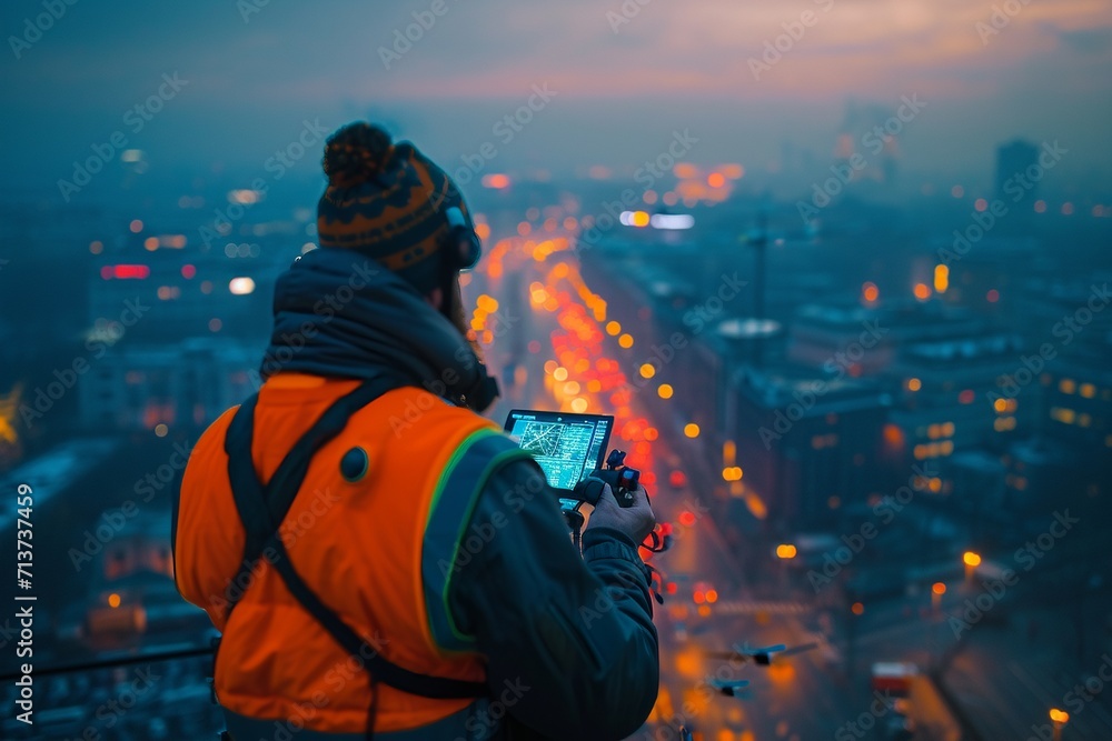 Fototapeta premium Urban drone traffic controller, high angle, managing autonomous drone delivery, futuristic cityscape, early spring, neon and holographic lighting, dusk,generative ai