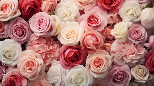 Pink and white roses in a bridal bouquet as a background