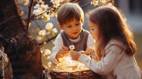 Children play with Easter decorations outside