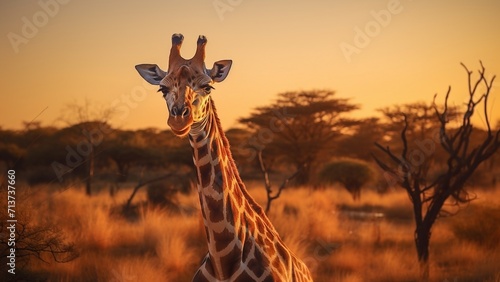 Closeup photo of a giraffe in the Savannah Golden Hour. © Raveen