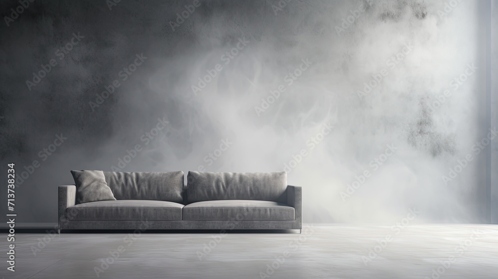 A modern gray sofa stands out in a minimalist setting surrounded by swirling smoke, creating a mysterious and dramatic atmosphere.