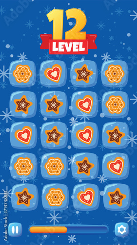 Mobile game screen with 12th level banner, winter theme, cookies and hearts match 3. Casual match three game interface, festive background vector illustration.