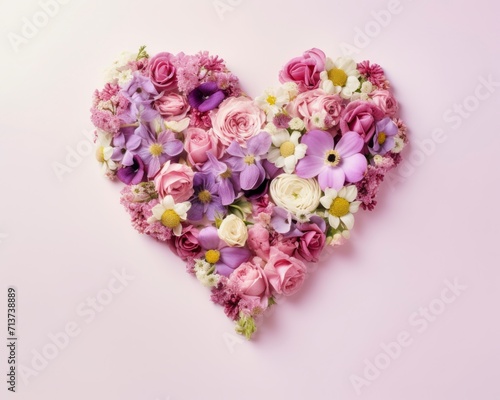 Heart shape made of colorful flowers on white background, top view.