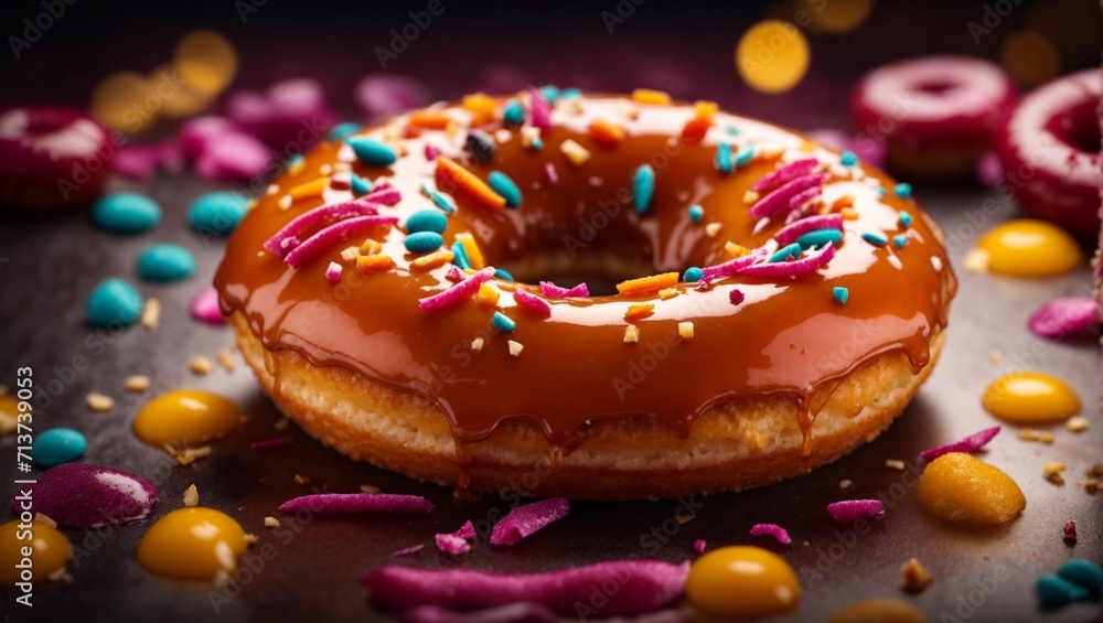 Glazed doughnut with topping in studio lighting and background, cinematic donut dessert photography