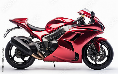 Image of the side profile of a vibrant red motorcycle isolated on white background
