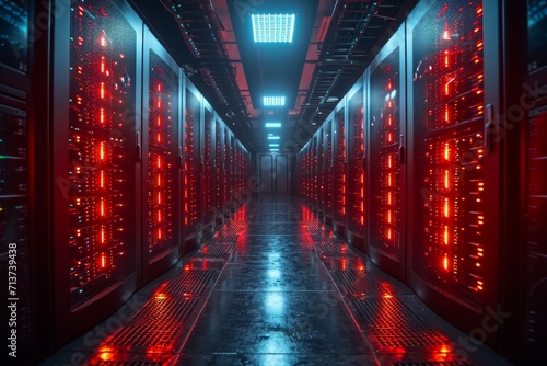 Shot of Corridor in Working Data Center Full of Rack Servers and Supercomputers with High Internet Visualisation Projection.