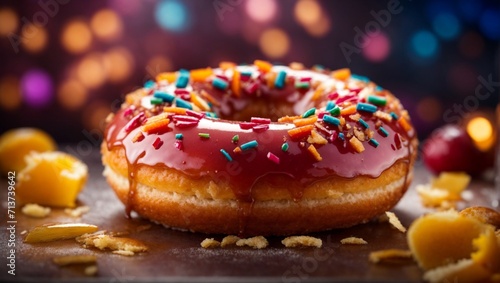 Glazed doughnut with topping in studio lighting and background, cinematic donut dessert photography photo