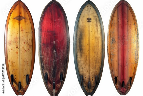 Collection of vintage wooden fishboard surfboard isolated on white with clipping path for object, retro styles. photo