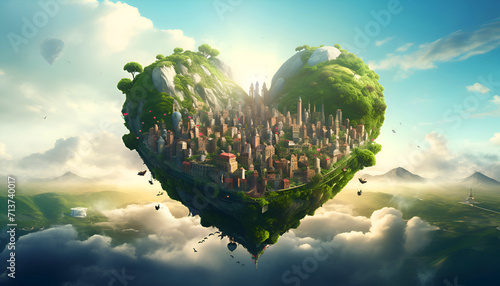 Modern city in the form of a heart floating in the air. © Wazir Design