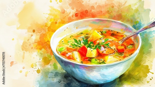 bowl of watercolor chicken soup with vegetables