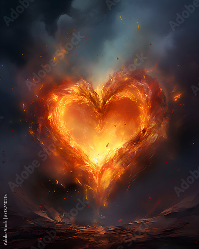 Burning heart in the night sky. 3D illustration. Love concept. © Wazir Design