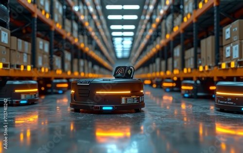 Future Technology 3D Concept: Automated Retail Warehouse AGV Robots with Infographics Delivering Cardboard Boxes in Distribution Logistics Center. Automated Guided Vehicles Goods, Products, Packages