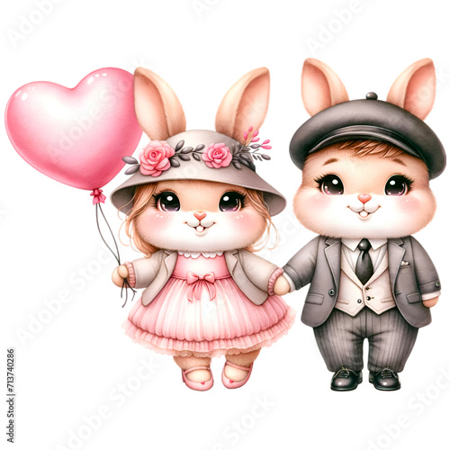 Watercolor cute bunny couple in love on valentine s day.Holding each other hand. Both holding heart shaped ballons.