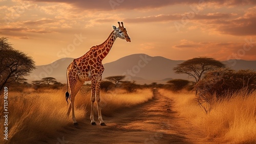 Photo of a giraffe in the savannah with misty mountains in the background in golden light