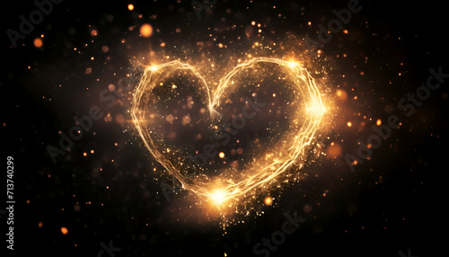 Glowing heart with sparkles on black background.  illustration.