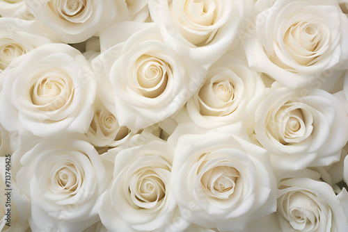 White roses background. Top view. Flat lay. Copy space.