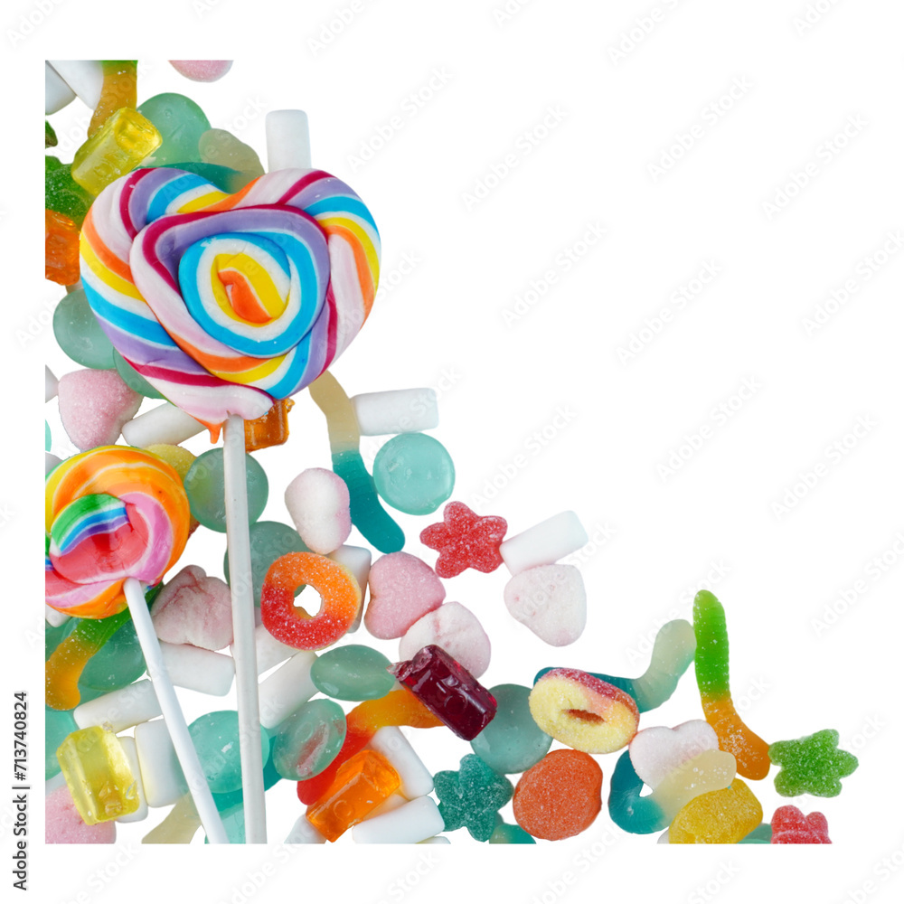 Colorful assorted candy border isolated transparent