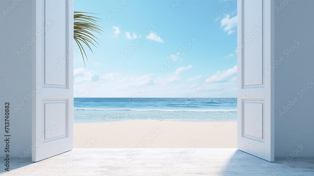 Fototapeta premium mock up of white door opening to the sea view background