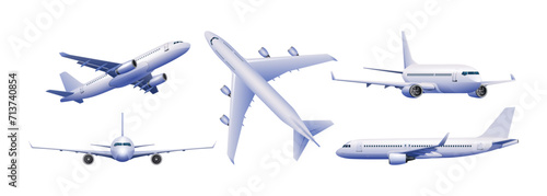 Set of airplane in different views vector illustration. Aircraft isolated on white background