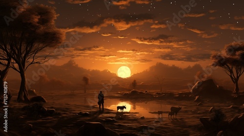 Fantasy landscape with a girl and a sheep on the bank of a river at sunset. eid al-adha