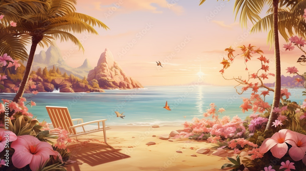 beach with coconut trees. summer view. illustration. background