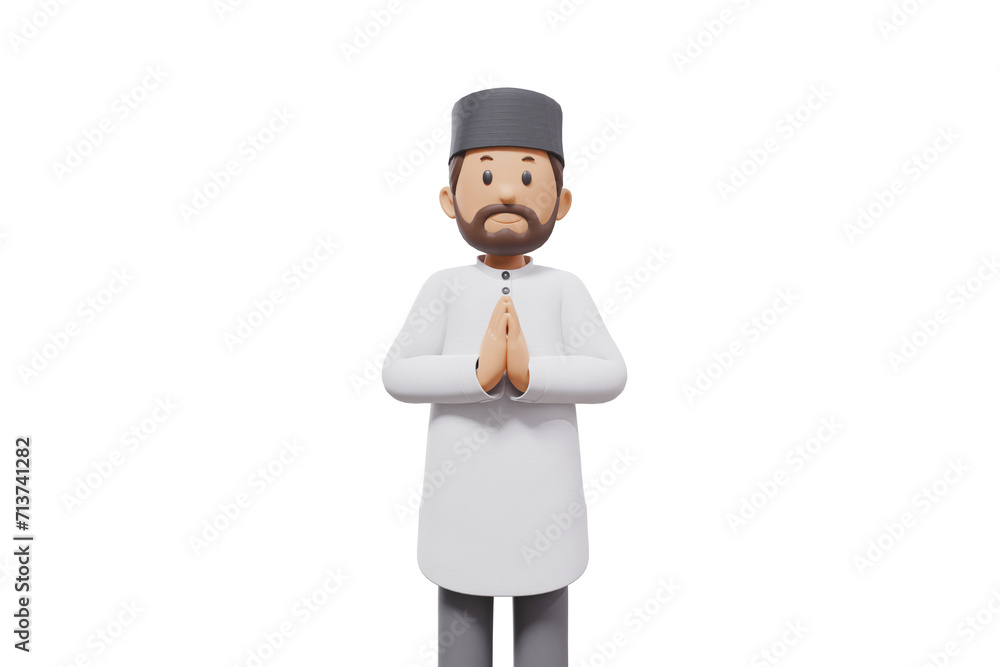 3d illustration of man muslim greeting, pointing and showing something at camera with transparent background 3d illustration of man muslim greeting, pointing and showing something at camera with transparent background