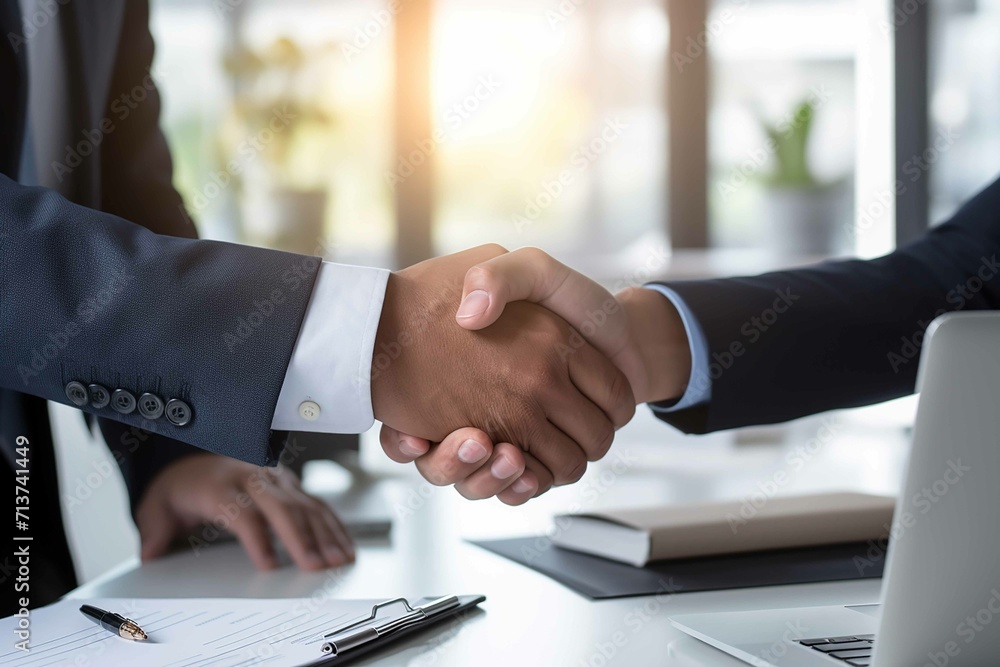 ndian employee and american employee sitting at a conference room shaking hands in a meeting while looking at each other and smiling ndian employee and american employee sitting at a conference room shaking hands in a meeting while looking at each other and smiling