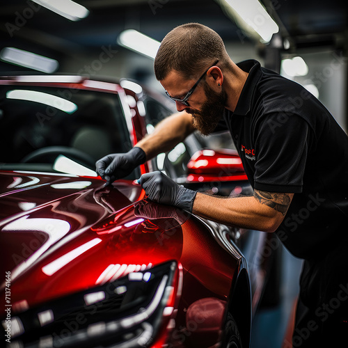 Illustrate a technician applying a paint sealant to a luxury sedan, focusing on the hands-on process and the protective layer being added for a long-lasting, showroom-quality finish © Дмитрий Симаков