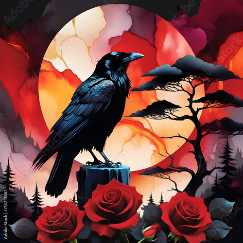 The alcohol ink illustration features an abstract silhouette of a confident raven perched on top of a mesmerizing black and red background. The artist skillfully captures the mysterious essence of the photo