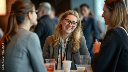 Joyful young businesswoman with glasses shares a laugh while conversing with colleagues during a casual networking session at a corporate event.