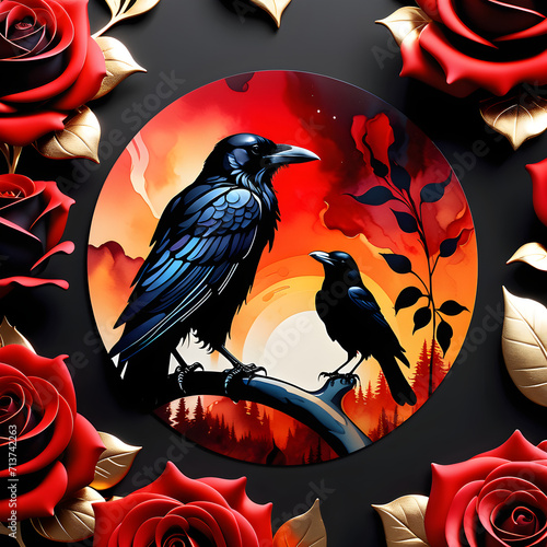 The alcohol ink illustration features an abstract silhouette of a confident raven perched on top of a mesmerizing black and red background. The artist skillfully captures the mysterious essence of the