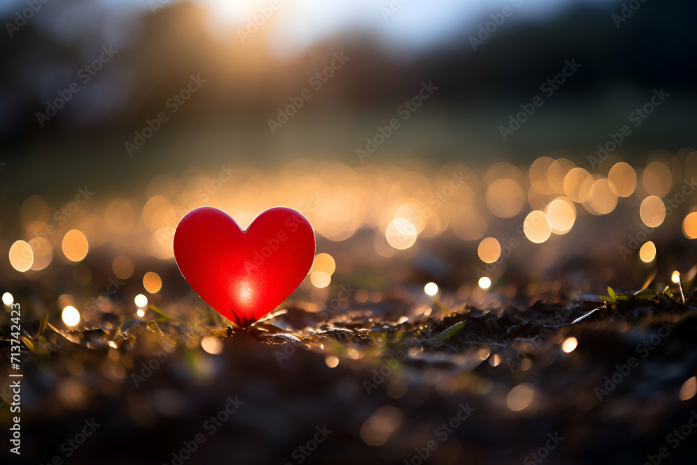 Red heart on the ground with bokeh background. Valentine's day concept - obrazy, fototapety, plakaty 