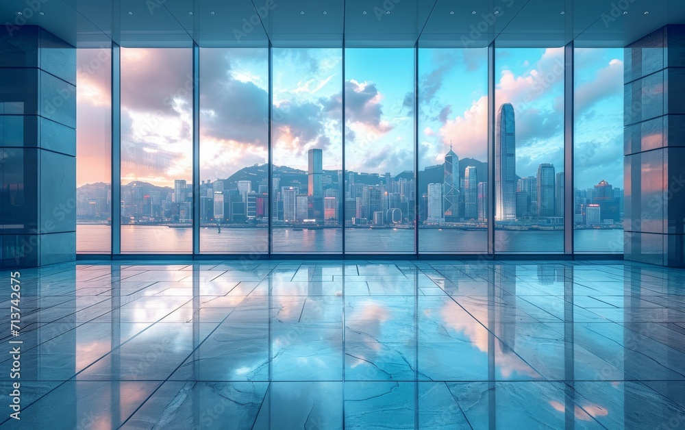 Empty cement floor with modern city skyline in blue sky background. Empty cement floor with modern city skyline in blue sky background.
