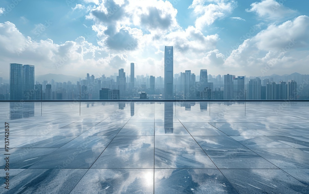 Empty cement floor with modern city skyline in blue sky background. Empty cement floor with modern city skyline in blue sky background.