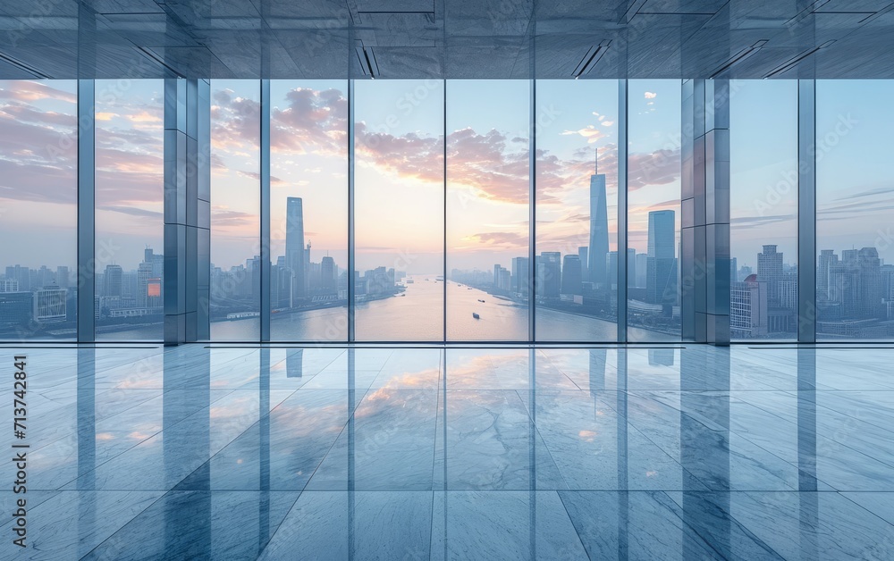 Horizontal view of empty cement floor with steel and glass modern building exterior. Early morning scene. Horizontal view of empty cement floor with steel and glass modern building exterior. Early morning scene.