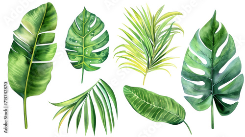 Set Collection Watercolor tropical leaves Modern green tropical leaves, clip art Botanical Illustration elegant watercolor illustration , green tropical leaves isolated transparent background, PNG