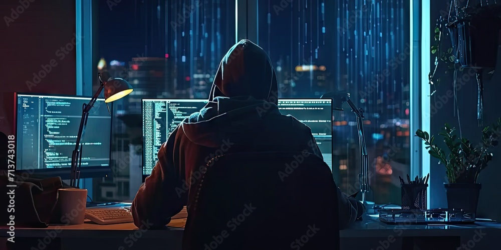 Obraz premium Hacker with computer in dark setting technology security breach hacking cyber internet virus web criminal identity crime on screen attack information monitor data man privacy system thief