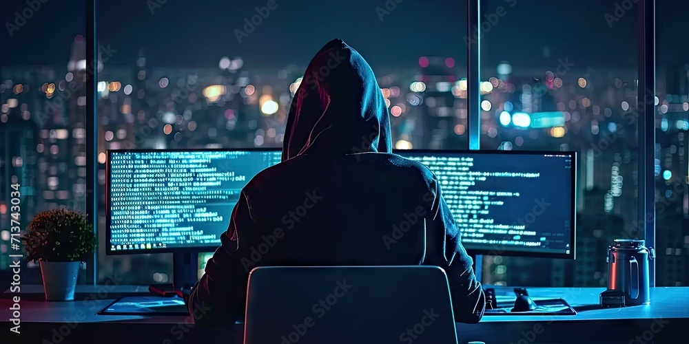 Hacker with computer in dark setting technology security breach hacking cyber internet virus web criminal identity crime on screen attack information monitor data man privacy system thief - obrazy, fototapety, plakaty 